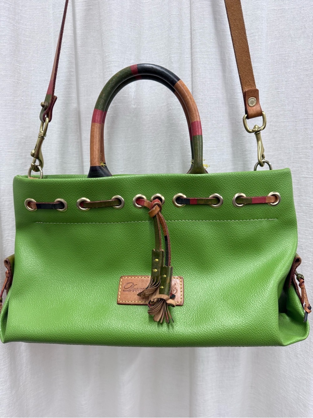 Dooney & Bourke Lime Green Leather Satchel Rainbow Striped Trim Crossbody